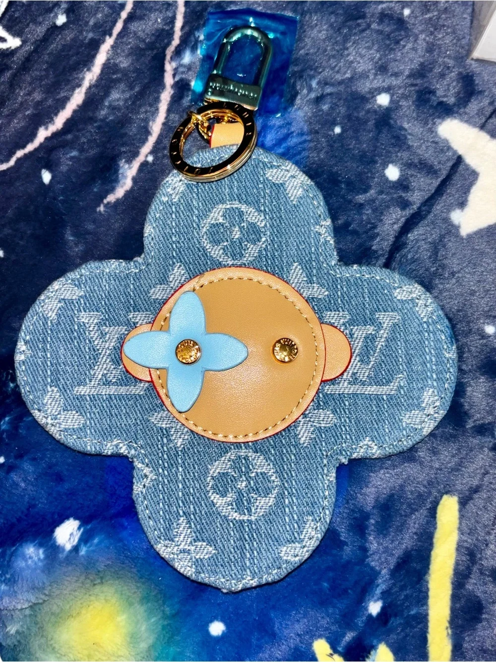 Brand New !  Denim Monogram Flower Charm in Blue and Tan